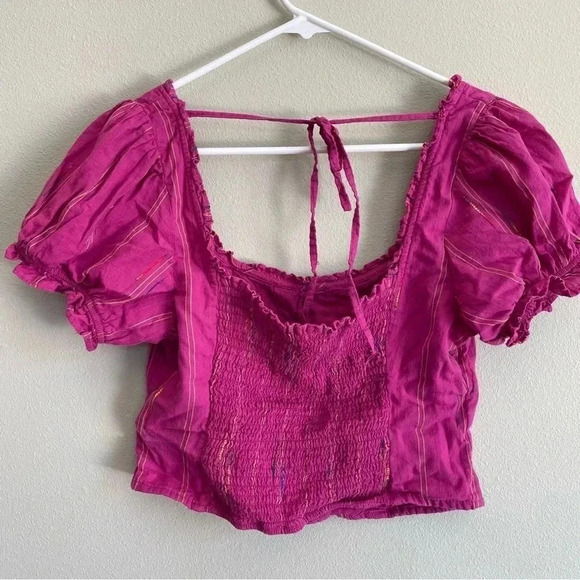 Free People Magenta Crop Top Rainbow Stitching Puff Sleeve Smocked Back Size M - Picture 4 of 12